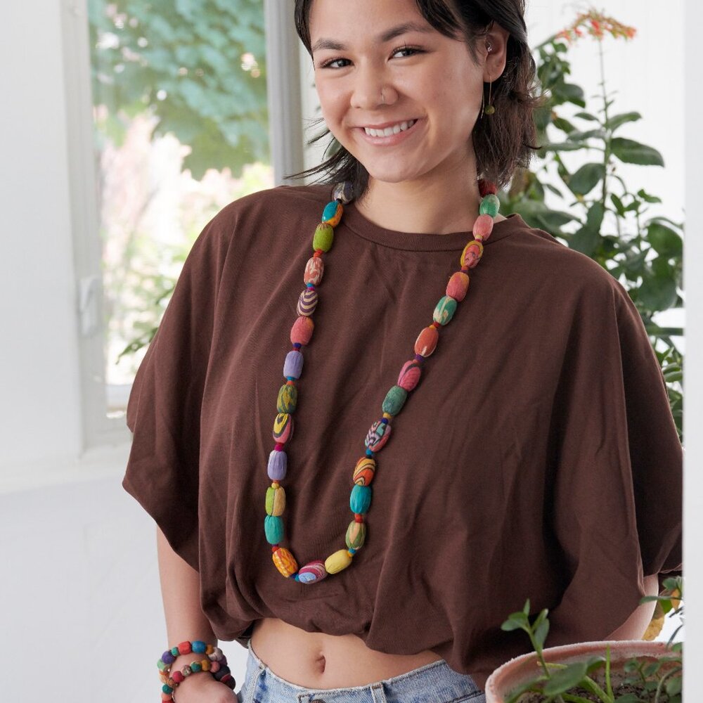 Fair Trade NWT Long Oval Kantha Beads Necklace Handcrafted Boho Upcycled Fabric